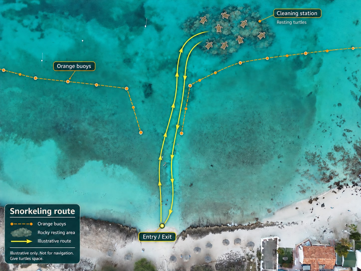 Annotated aerial photo of Boca Catalina showing the sandy entry, orange buoy lines, a yellow snorkeling route and a single rocky cleaning-station area with eight illustrative resting turtles